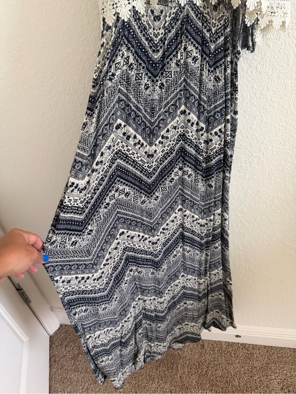 Bohemian Navy & White Maxi Dress with Crochet Trim - Picture 2 of 4